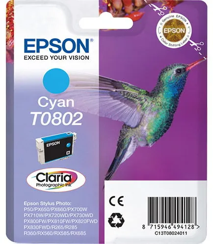 Epson T0802 C13T08024011 Cyan Blækpatron, 350 sider